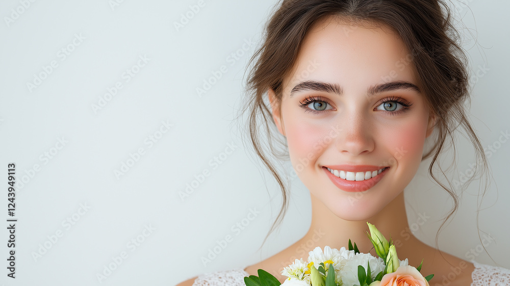 Elegance embodied in a joyful moment with a stunning adult woman holding a bouquet of fresh flowers, radiating beauty and grace in a serene indoor setting. Generative AI Elegance embodied in a joyful moment with a stunning adult woman holding a bouquet of fresh flowers, radiating beauty and grace in a serene indoor setting. Generative AI