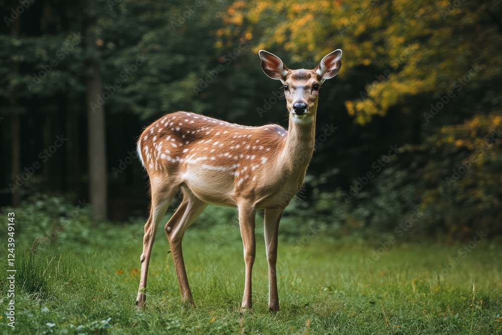 Young deer in sunlit forest clearing. Neural network AI generated Young deer in sunlit forest clearing. Neural network AI generated