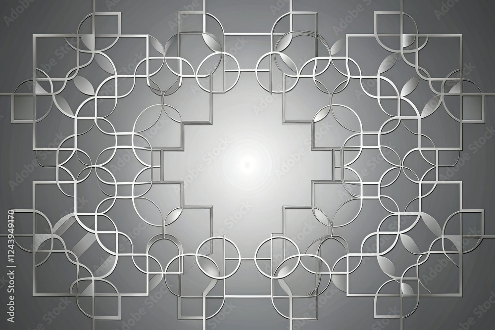 Obraz premium Minimalist geometric pattern of interconnected circles and squares in shades of silver and gray, futuristic aesthetics, sleek lines, laptop skin, interior decor