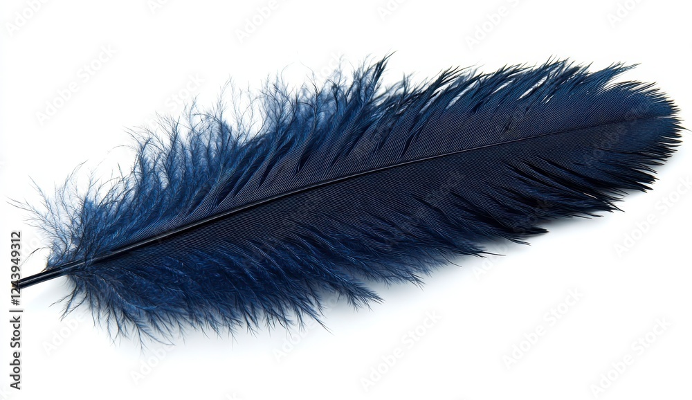 Single dark blue feather isolated on white background. Detailed texture visible, soft and delicate feel Single dark blue feather isolated on white background. Detailed texture visible, soft and delicate feel