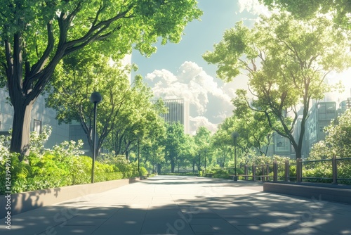 A beautiful city street lined with trees and surrounded by greenery, with soft light and clear skies photo