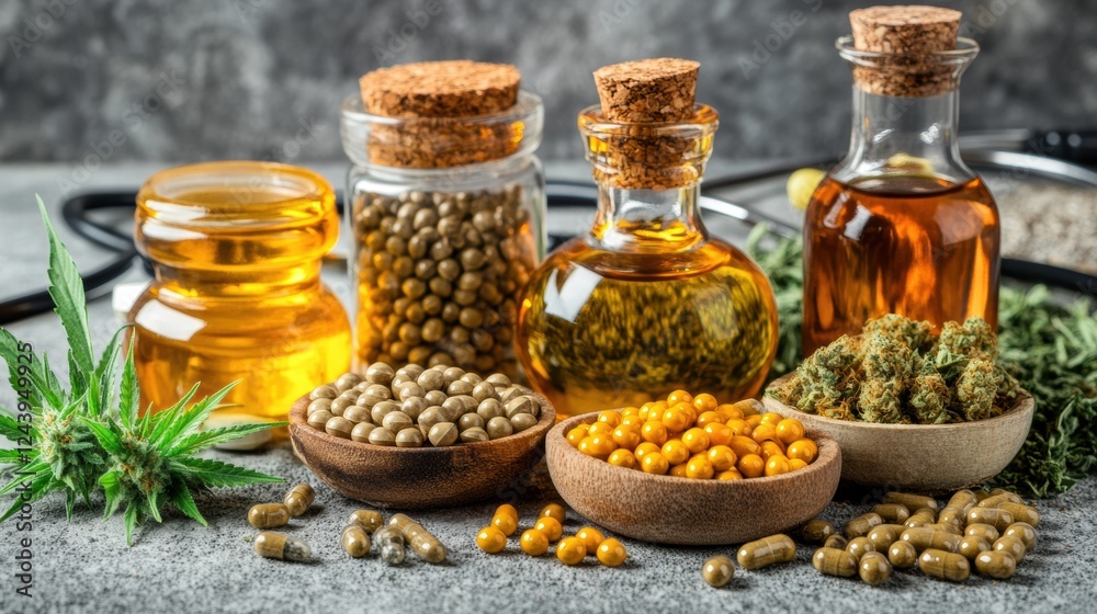 Assorted Oils and Seeds with Green Herbal Plants on Grey Background Assorted Oils and Seeds with Green Herbal Plants on Grey Background