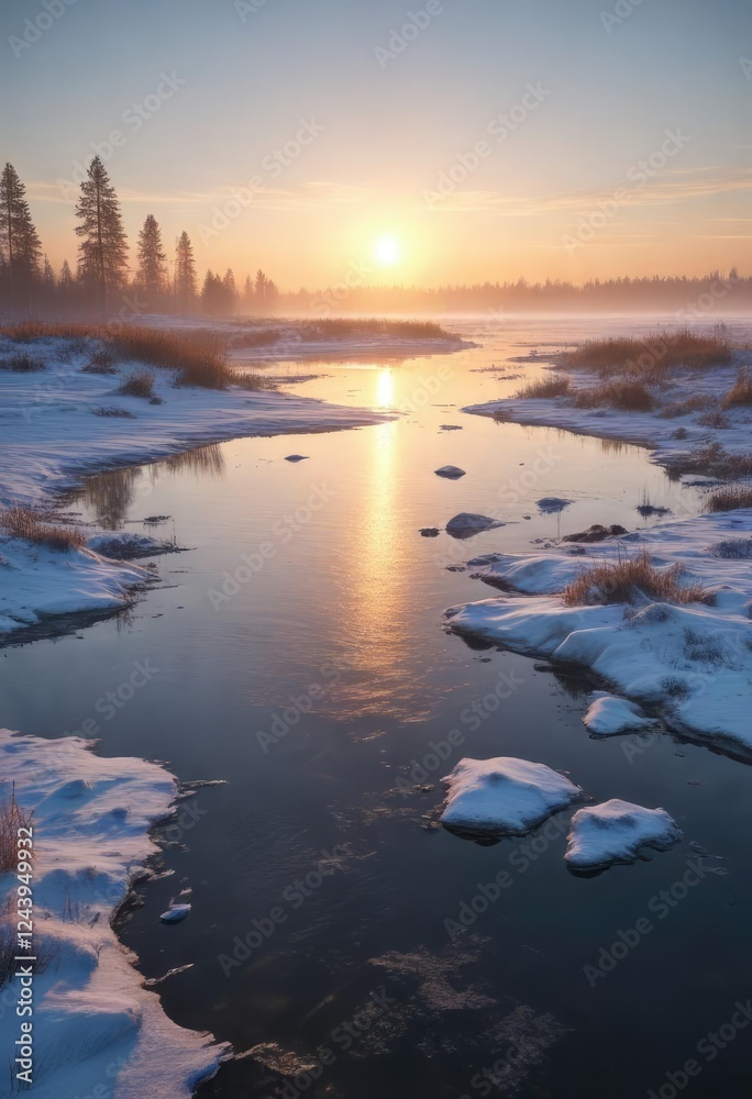 Fototapeta premium Misty dawn over the Gulf of Bothnia with the sun slowly rising above frozen waters, fog, gulf of bothnia, peaceful