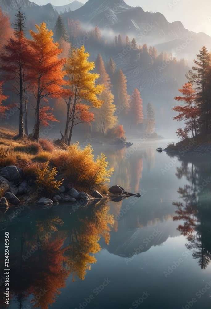 Fototapeta premium Misty dawn over a serene autumn lake in the mountains with reflection of trees on its calm waters, natural beauty, mountain reflection, lake scenery