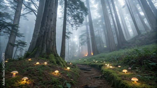 Misty forest with ancient trees and glowing mushrooms, mysterious, magical, misty forest, foggy