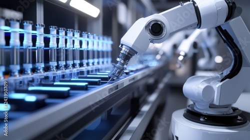 A closeup of a highthroughput realtime PCR machines sample loading area featuring an automated liquid handling system. The image depicts robotic arms poised to insert PCR tubes showcasing photo