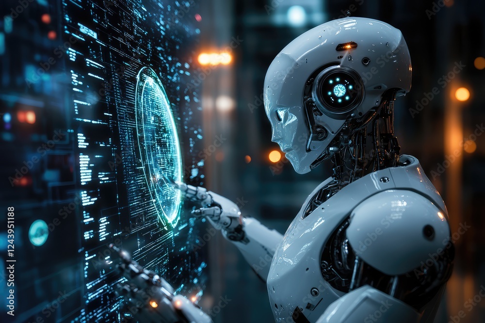 Robot interacts with futuristic digital interface screen