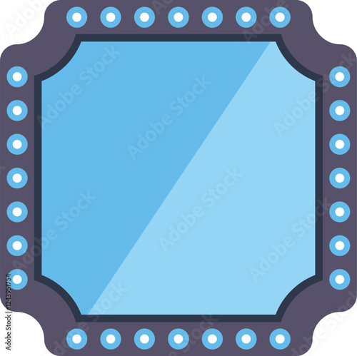 Square makeup mirror with light bulbs reflecting light blue background, perfect for beauty and makeup concepts