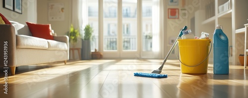 Cleaning supplies in sunlit room with shiny floors photo