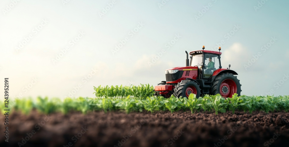 Obraz premium A modern tractor is actively cultivating a field of lush green crops. The clear sky and sunlight enhance the productivity of the farm, showcasing agricultural innovation in action.