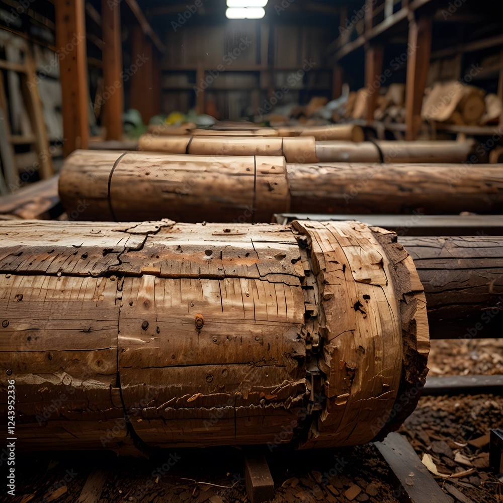 Wooden logs stacked haphazardly in a machine grinding them down.
Wooden logs stacked haphazardly in a machine grinding them down.