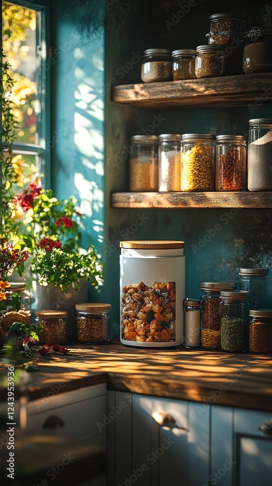 Sunlit Kitchen Pantry: Rustic Charm and Abundant Provisions Sunlit Kitchen Pantry: Rustic Charm and Abundant Provisions