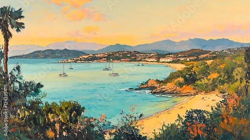 Coastal Town Seascape at Sunset with Sailboats