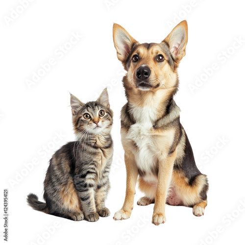 A dog and a cat sitting together, showcasing their friendship in a bright studio setting with a neutral background