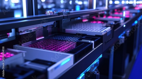 An overhead medium closeup view of the sequencing machines expansive workflow layout showcasing multiple sample trays organized in a systematic arrangement illustrating the machines photo