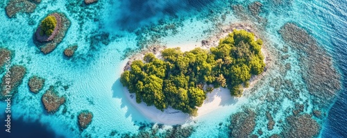 Aerial view of tropical island with lush foliage and beach. photo