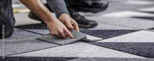 A flooring professional carefully aligns carpet tiles on an office floor, reflecting precision.