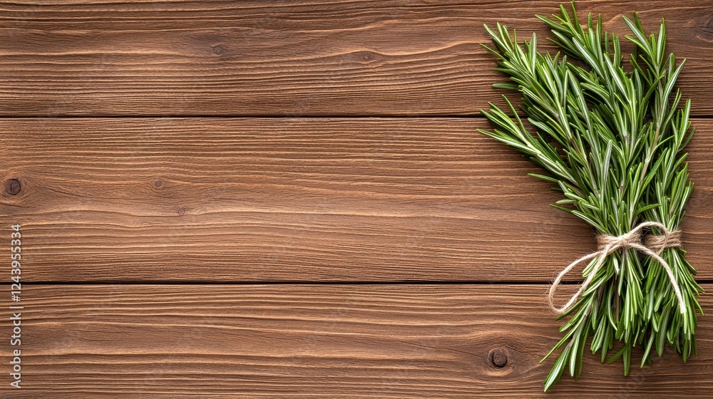 Fresh Rosemary Bundle Tied with Rope on Rustic Brown Wooden Background for Culinary and Aromatic Use Fresh Rosemary Bundle Tied with Rope on Rustic Brown Wooden Background for Culinary and Aromatic Use