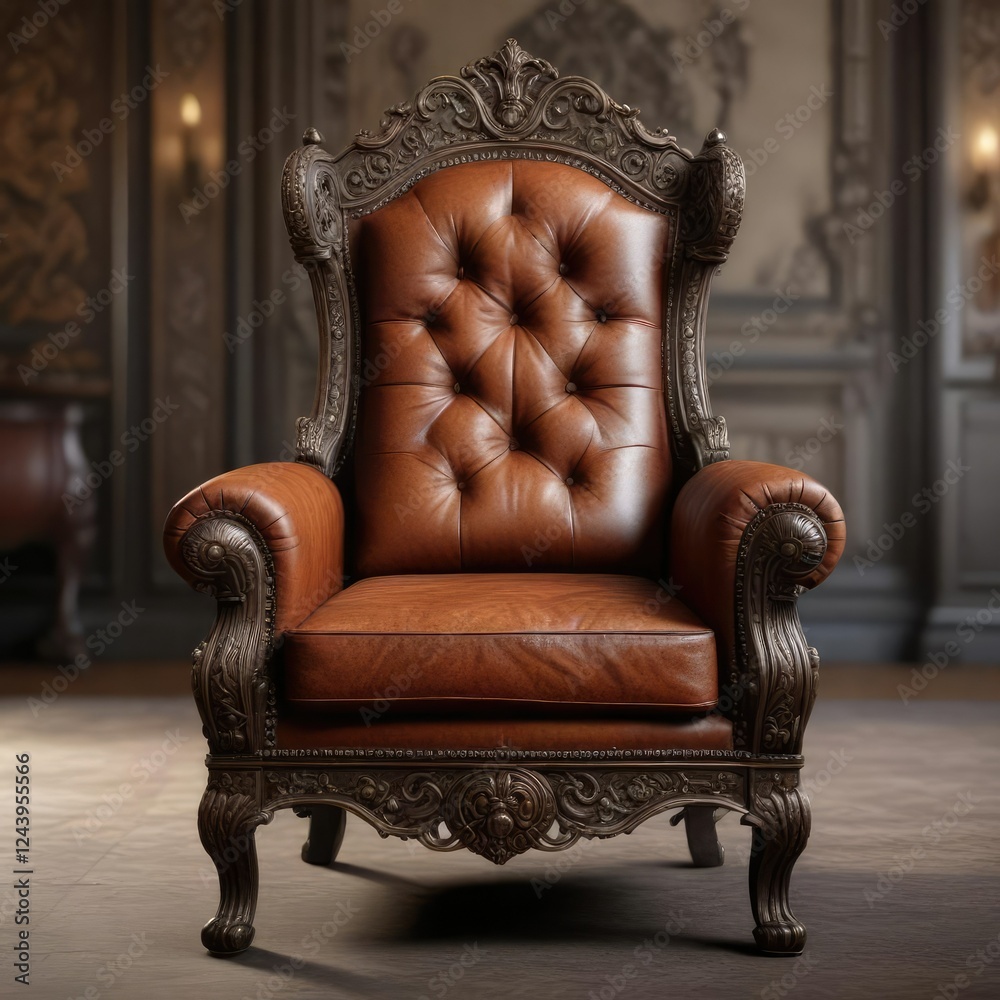 Old leather armchair with intricate carvings and ornate metalwork, classic design, antique furniture, distressed leather Old leather armchair with intricate carvings and ornate metalwork, classic design, antique furniture, distressed leather