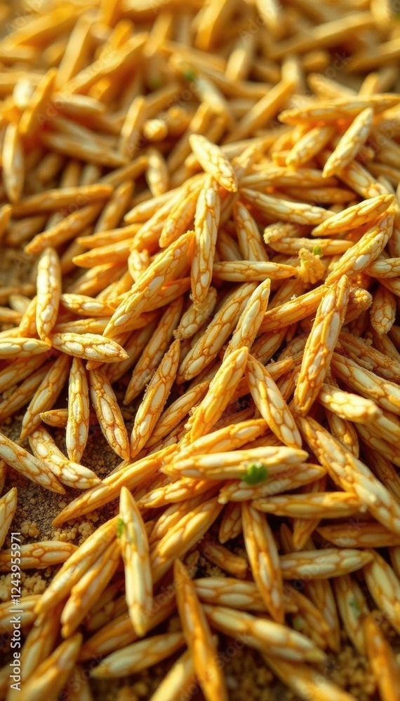 Surface of the ground with a thick layer of dried and compacted rice husks, agriculture, organic, nature Surface of the ground with a thick layer of dried and compacted rice husks, agriculture, organic, nature
