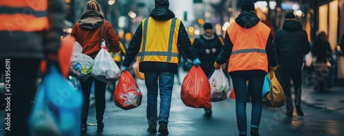 Workers cleaning a street in high visibility safety vests.