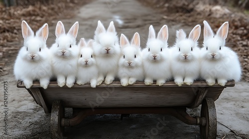 Eight White Rabbits Sitting In A Wooden Cart