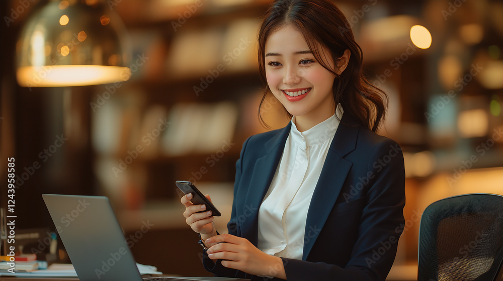 Confident Young Asian Woman Multitasking in Dynamic Office, Professional Dark Blue Blazer, White Silk Blouse, Typing on Laptop and Talking on Phone with Positive Expression Confident Young Asian Woman Multitasking in Dynamic Office, Professional Dark Blue Blazer, White Silk Blouse, Typing on Laptop and Talking on Phone with Positive Expression
