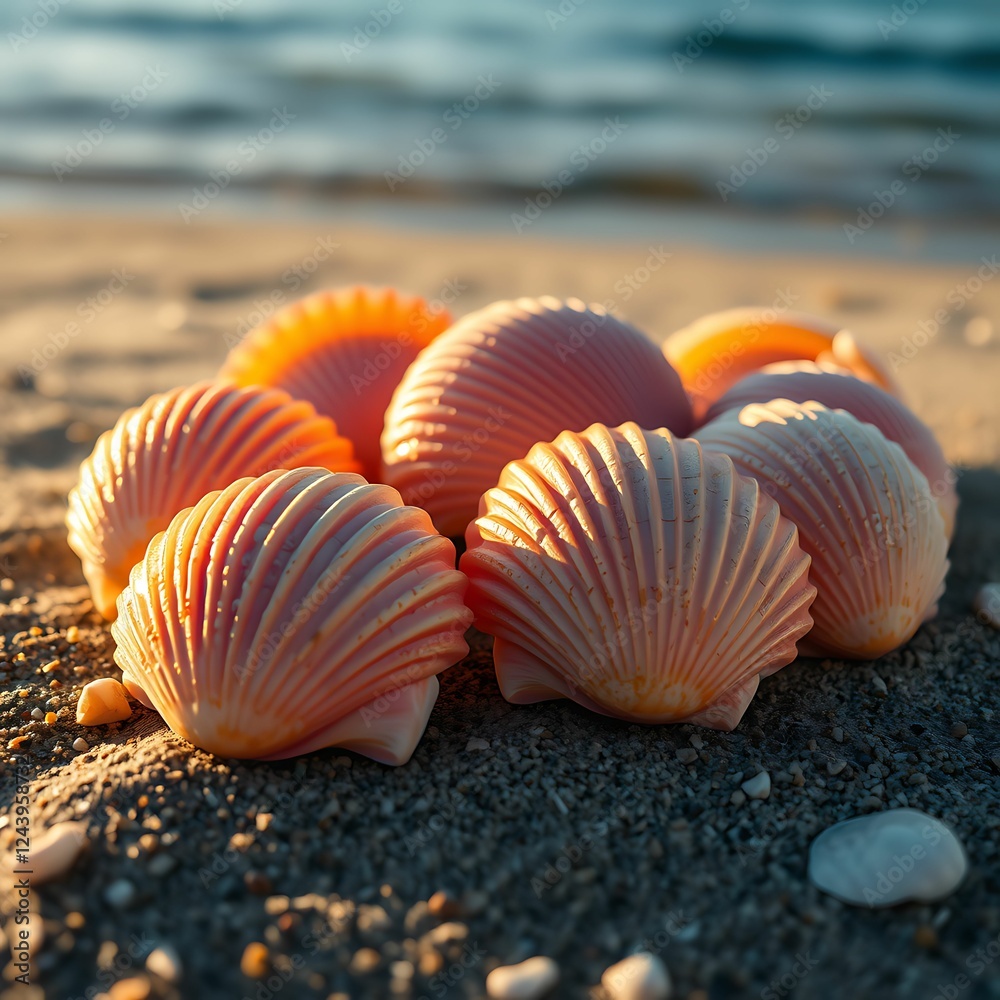 Textured scallop shells in natural hues with serene coastal Textured scallop shells in natural hues with serene coastal