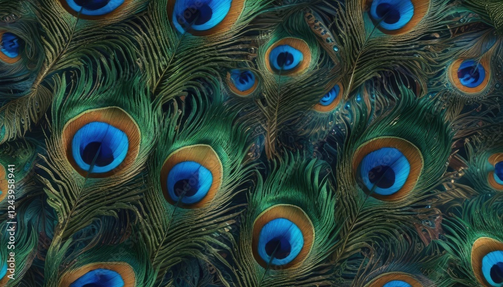 Obraz premium Vibrant peacock feather inspired seamless pattern on fabric, seamless, bird, pattern