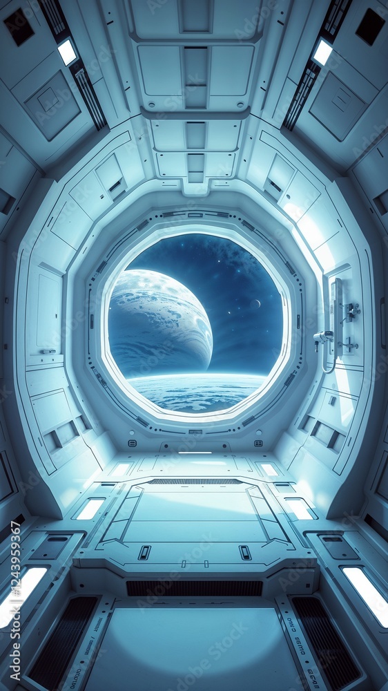 A spacious, circular observation room aboard a futuristic spaceship; a large, central porthole offers a stunning view of a distant planet and nebula; the room is clean, minimalist, and brightly lit. A spacious, circular observation room aboard a futuristic spaceship; a large, central porthole offers a stunning view of a distant planet and nebula; the room is clean, minimalist, and brightly lit.