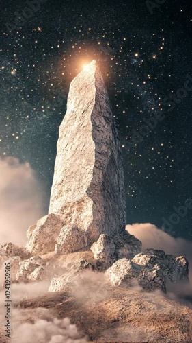 Majestic rock formation illuminated under a starry sky with glowing light at the peak during nighttime
