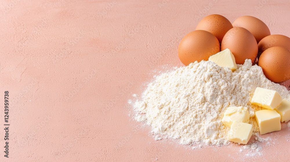 Fresh Ingredients on Table: Eggs, Flour, and Butter for Baking Sweet and Savory Dishes at Home Fresh Ingredients on Table: Eggs, Flour, and Butter for Baking Sweet and Savory Dishes at Home