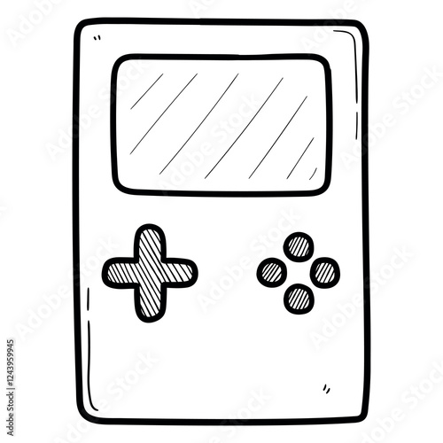 Hand drawn doodle retro portable game console on white background.
