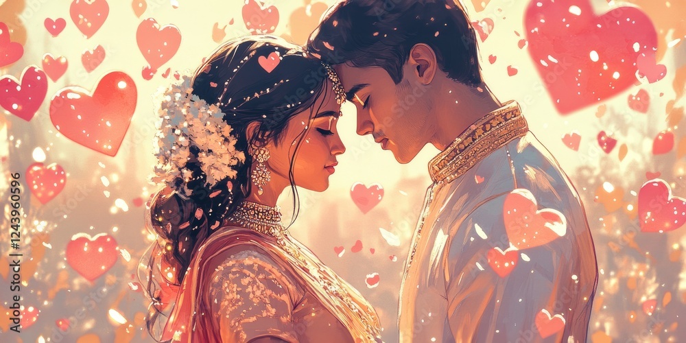 Fototapeta premium A traditional Indian couple standing face to face in elegant wedding attire surrounded by romantic heart decorations.
