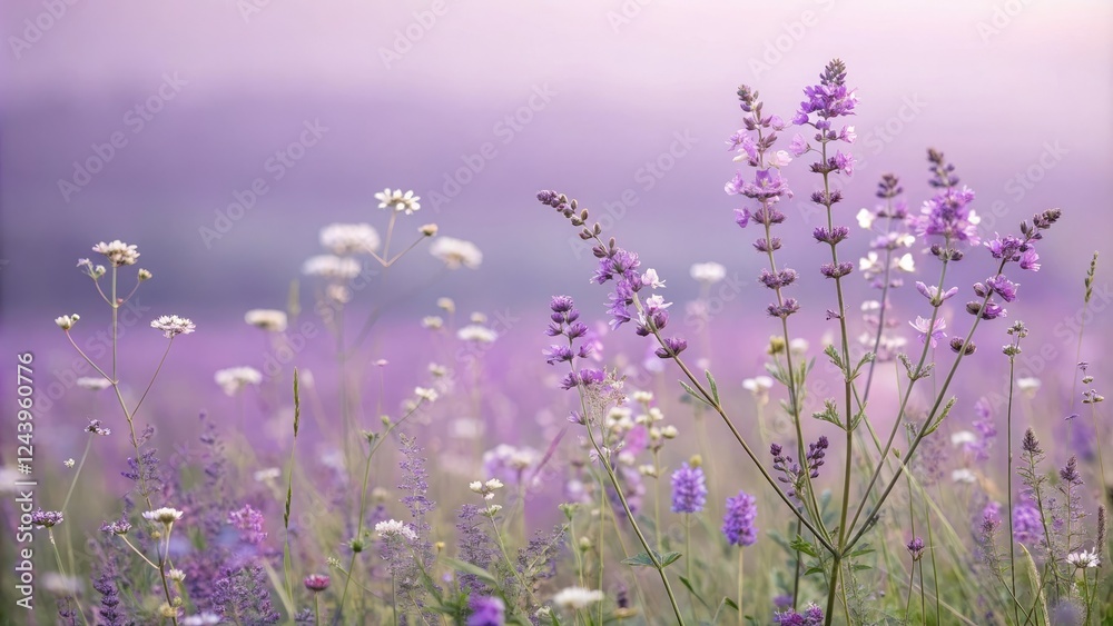 Naklejka premium Violet Floral Background with Delicate Wildflowers, colorful background, bohemian style, floral design, violet flowers, wildflower field