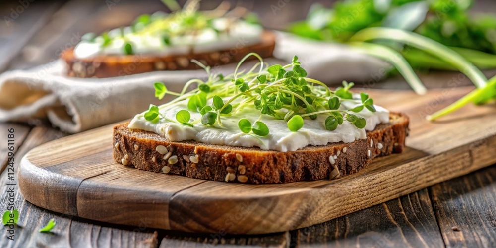 Delicious Creamy Cheese and Sprout Open-Faced Sandwich on Rustic Wooden Board Delicious Creamy Cheese and Sprout Open-Faced Sandwich on Rustic Wooden Board