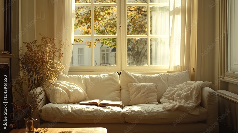 Fototapeta premium Elegant Living Room Featuring a Cozy White Couch Adorned with Plush Pillows and a Charming Vase Filled with Fresh Flowers Creating a Warm and Inviting Atmosphere for Relaxation