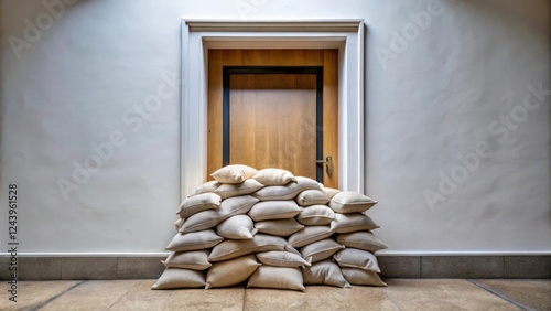 A barricade of sandbags protects a wooden door in a light-colored hallway