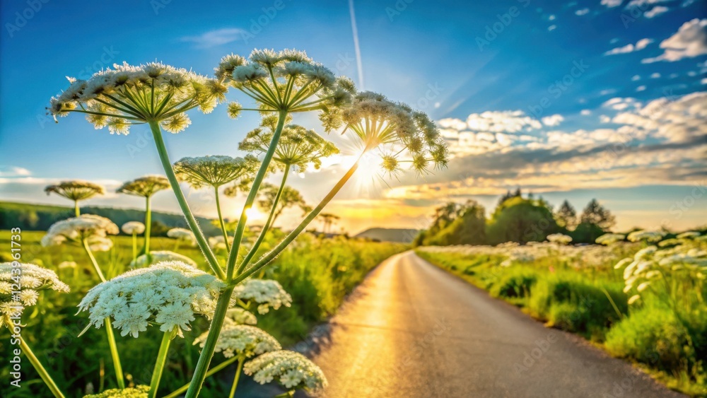 Obraz premium Summer Sunset Roadside Bloom Scene Featuring White Flower and Golden Hour Light