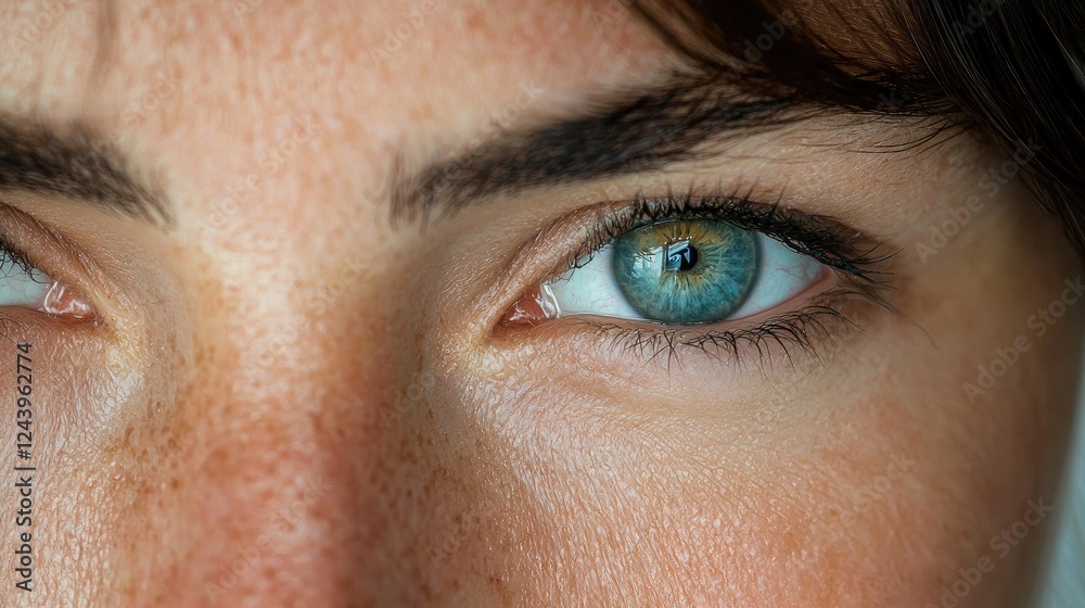 Obraz premium Close-up woman's intense green eyes, freckles, neutral background, beauty portrait