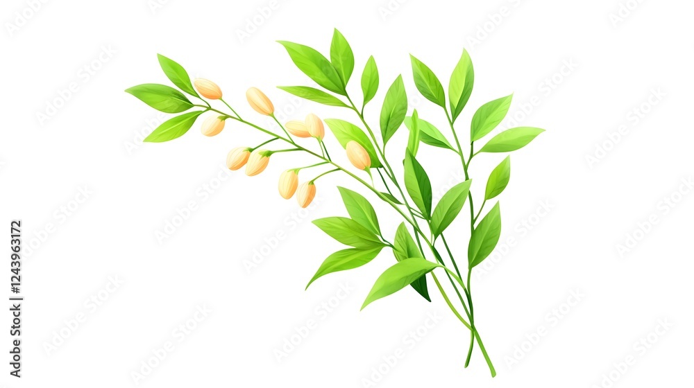 Obraz premium Fresh Green Leaves with Yellow Buds Isolated on White Background