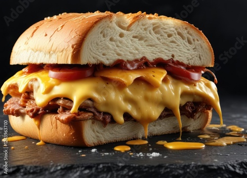 Hot sandwich with oozy melted cheese on a black background, background, contrast, kitchen, darkness