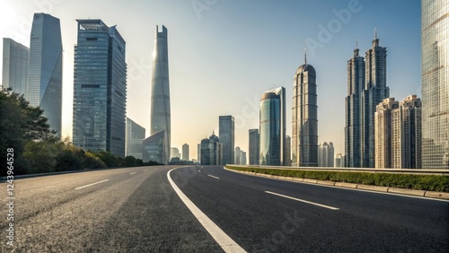 Wide asphalt road stretching through a modern cityscape with sleek skyscrapers and glass towers in the background, urban architecture, modern city, concrete highway