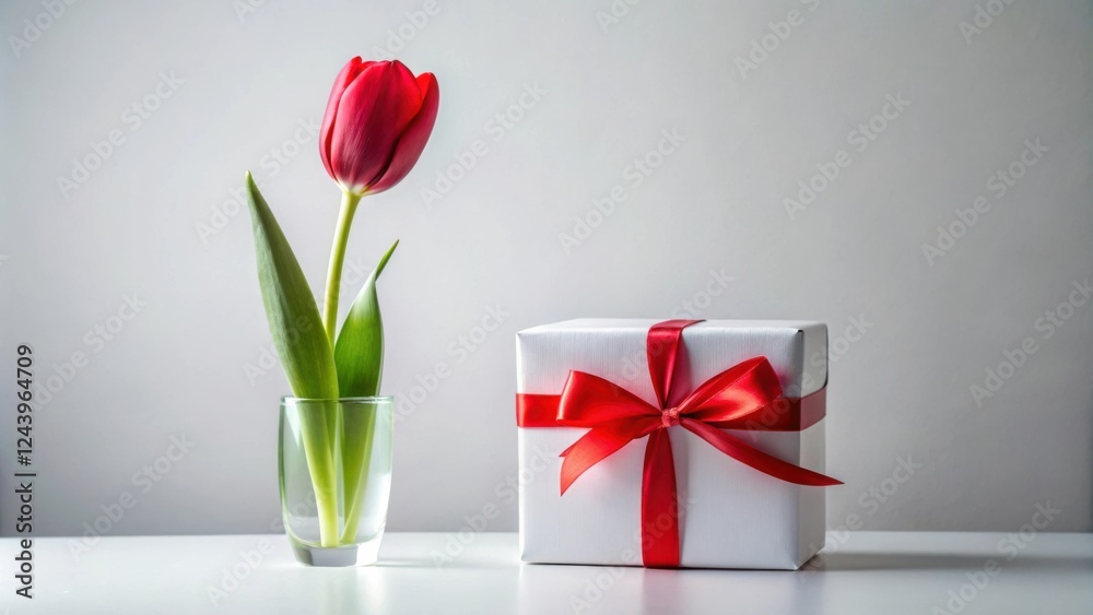 A single red tulip in a glass vase next to a wrapped gift with a red ribbon A single red tulip in a glass vase next to a wrapped gift with a red ribbon