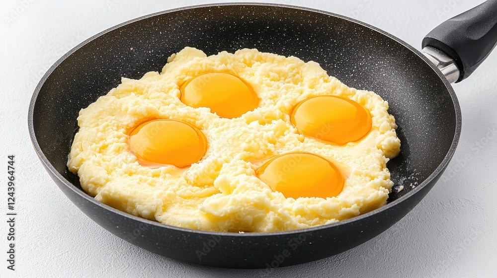Fresh Eggs Being Cooked in a Non-Stick Pan with Creamy Scrambled Mixture on a White Background Fresh Eggs Being Cooked in a Non-Stick Pan with Creamy Scrambled Mixture on a White Background
