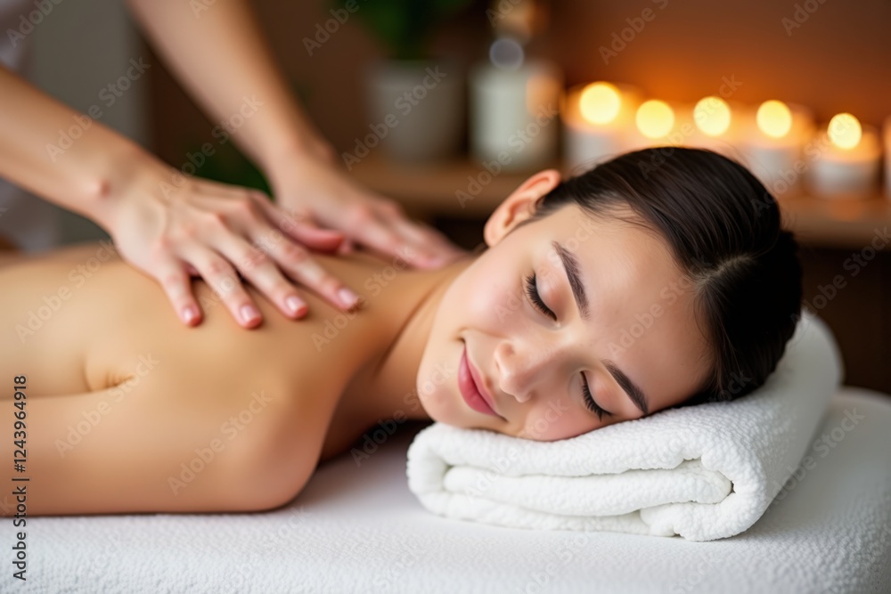 Obraz premium Relaxing Spa Experience: A Young Asian Woman Enjoys a Rejuvenating Massage in a Cozy Wellness Environment Surrounded by Candles and Soft Lighting