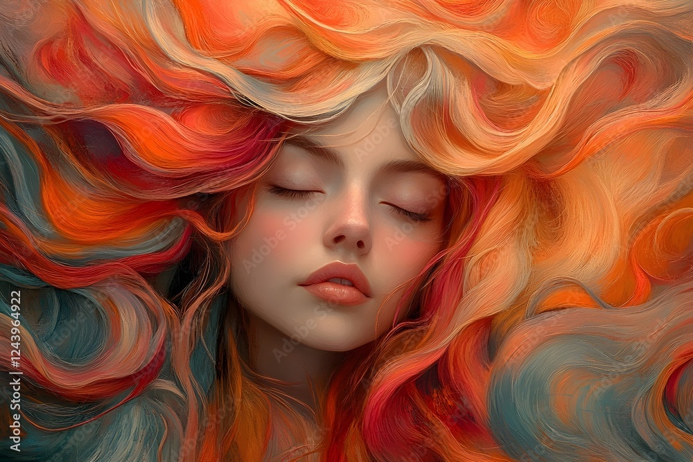 Obraz premium Abstract portrait of a serene woman with flowing hair that transforms into swirling patterns representing thoughts and emotions