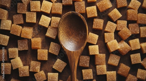Above view of a wooden spoon on brown sugar cubes