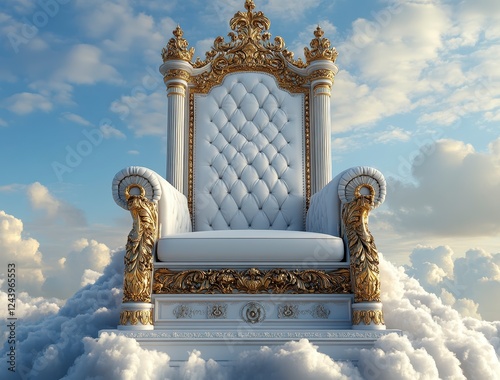 A grand throne, white and gold, sits atop clouds against a vibrant blue sky, conveying power and serenity photo