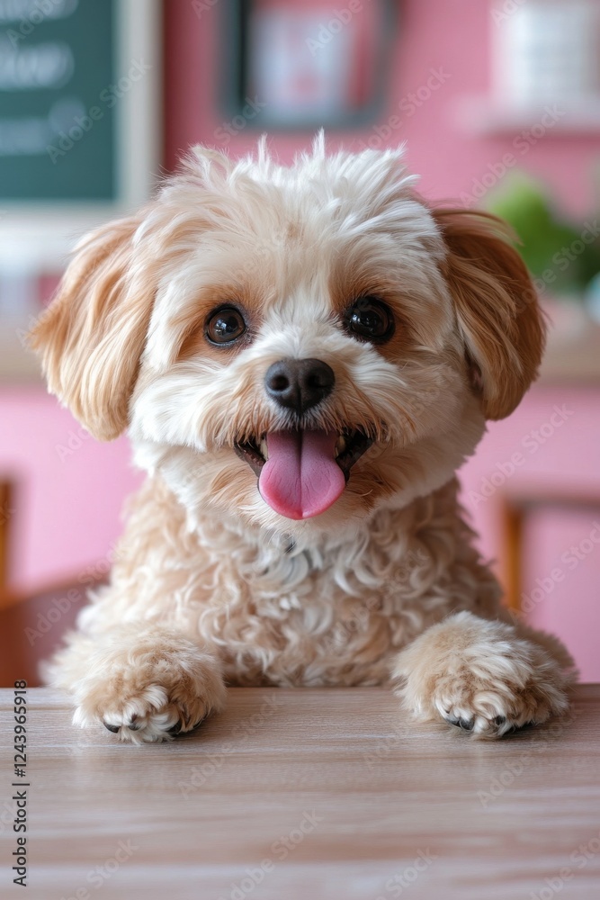 A cheerful, fluffy dog with a playful expression sits on a table, showcasing its adorable features against a colorful background. A cheerful, fluffy dog with a playful expression sits on a table, showcasing its adorable features against a colorful background.